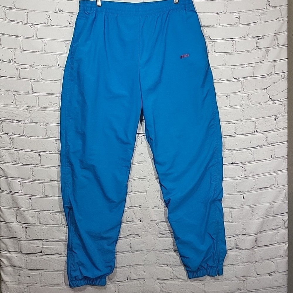 VTG Prince Cross Sport TRACK PANTS 90s Nylon Mens L Blue‎ Pull On Zipper Ankles